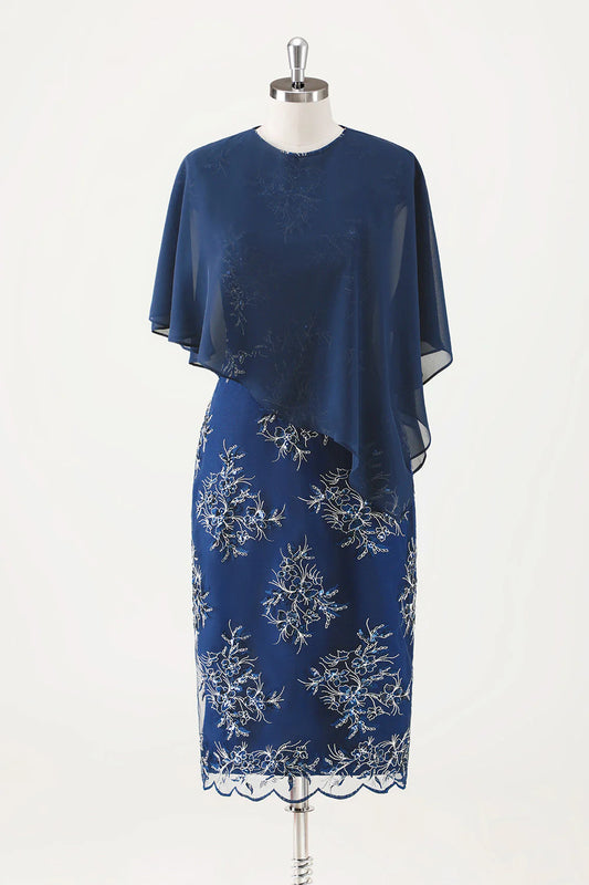 Navy Blue Tight Tea Flower Bridal Mother Dress