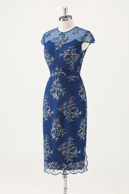Navy Blue Tight Tea Flower Bridal Mother Dress