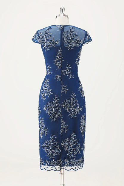 Navy Blue Tight Tea Flower Bridal Mother Dress