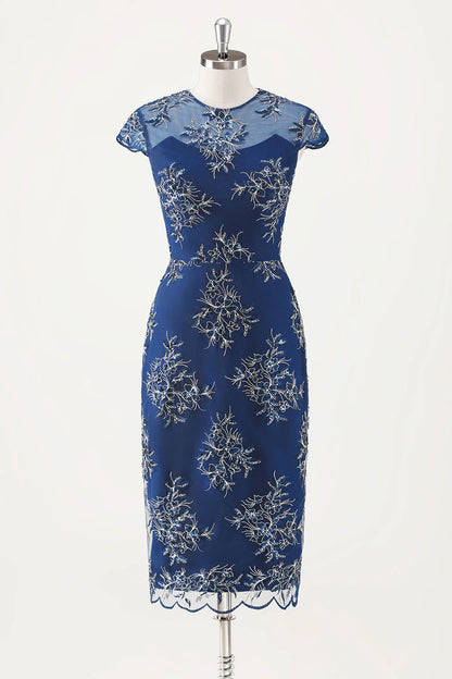 Navy Blue Tight Tea Flower Bridal Mother Dress