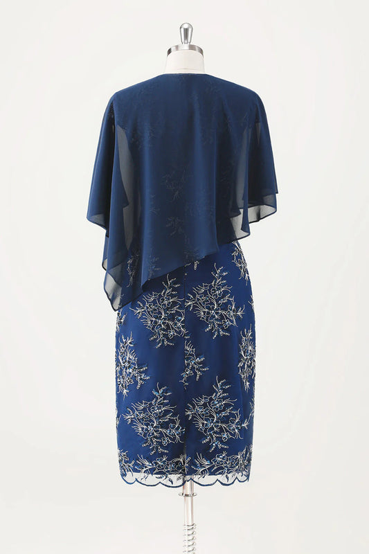 Navy Blue Tight Tea Flower Bridal Mother Dress