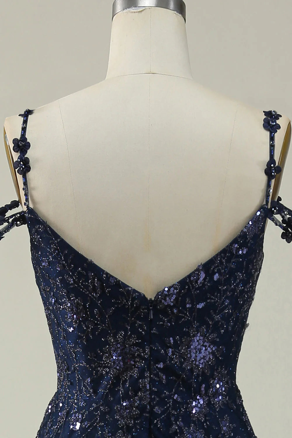 Navy Blue Tulle Floral Sequin Off-the-Shoulder A-Line Evening Dresses