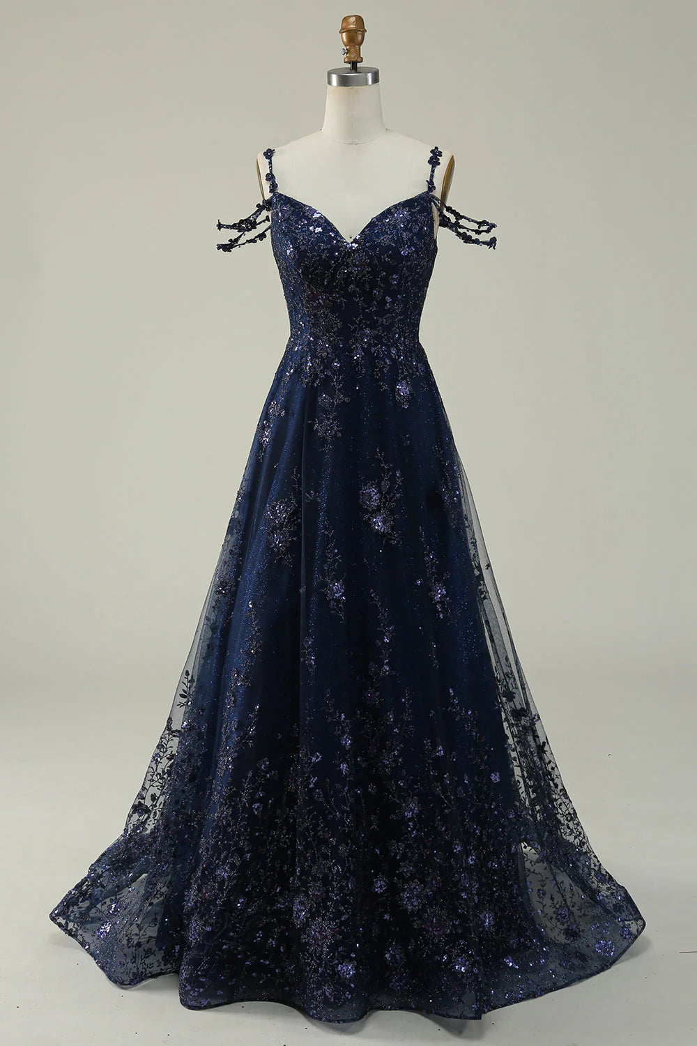 Navy Blue Tulle Floral Sequin Off-the-Shoulder A-Line Evening Dresses