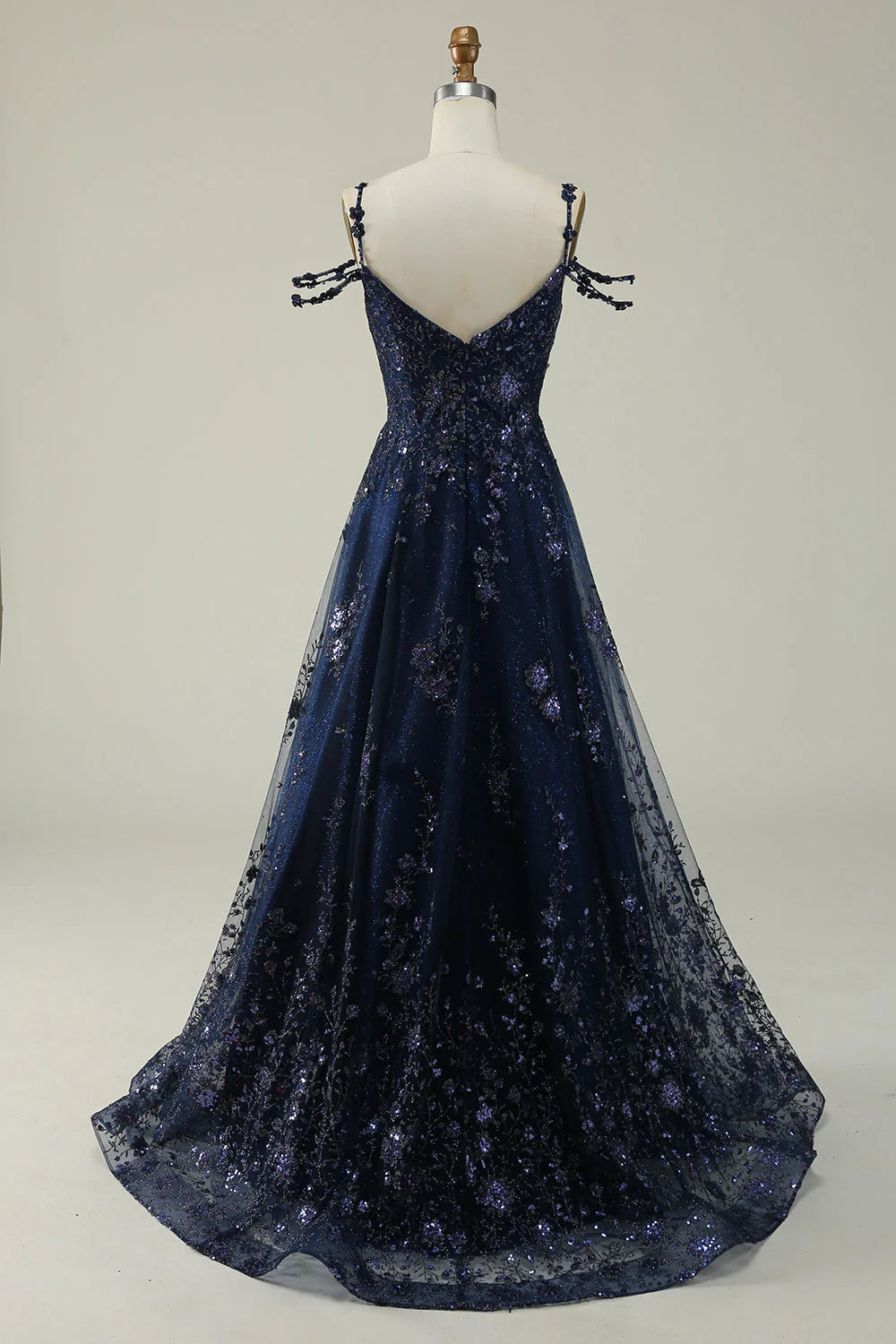 Navy Blue Tulle Floral Sequin Off-the-Shoulder A-Line Evening Dresses