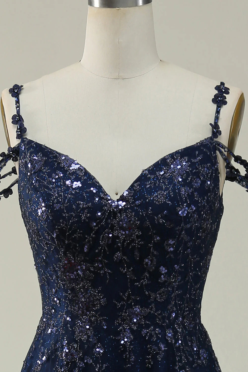Navy Blue Tulle Floral Sequin Off-the-Shoulder A-Line Evening Dresses