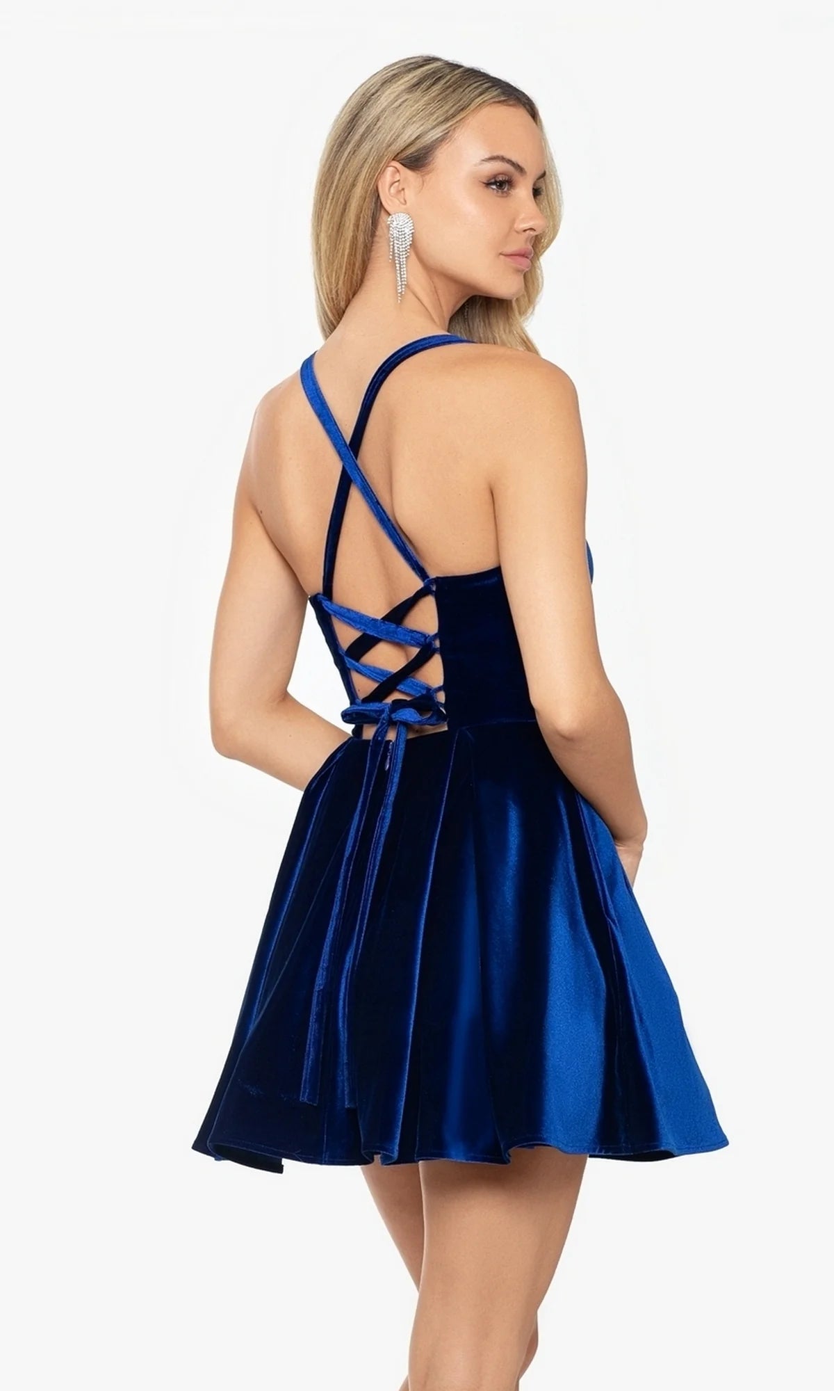 Navy Blue Velvet Lace-Up A-Line Homecoming Dresses