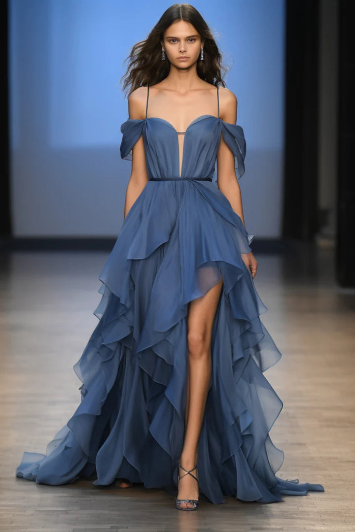 Deep blue slim suspender chiffon flowing party dress