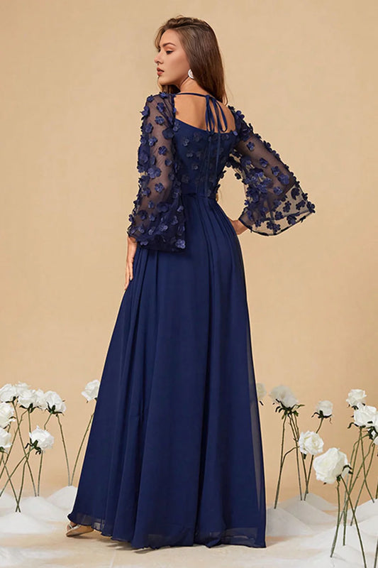 Navy Corset A Line Long Mother Of The Bride Dress With 3D Flowers
