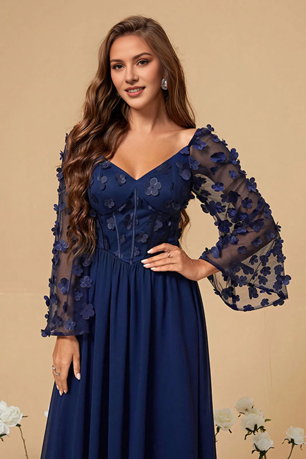 Navy Corset A Line Long Mother Of The Bride Dress With 3D Flowers