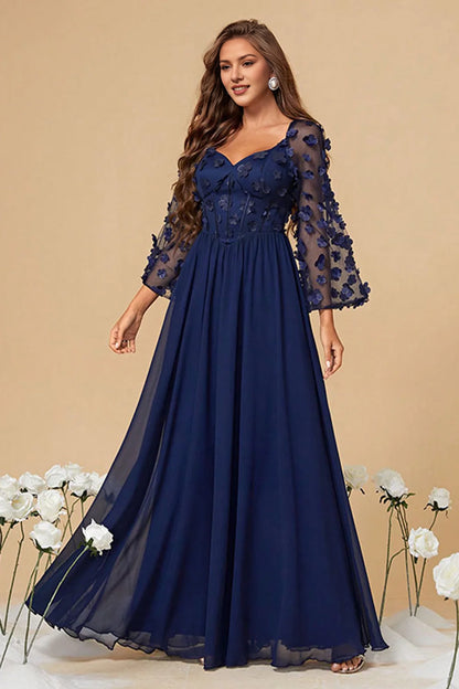 Navy Corset A Line Long Mother Of The Bride Dress With 3D Flowers