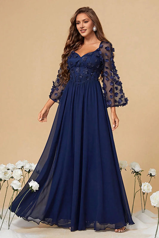 Navy Corset A Line Long Mother Of The Bride Dress With 3D Flowers