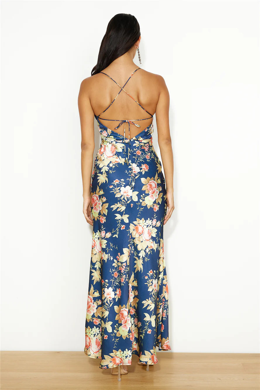 Navy Floral Satin Spaghetti Strap Mermaid Maxi Evening Dresses