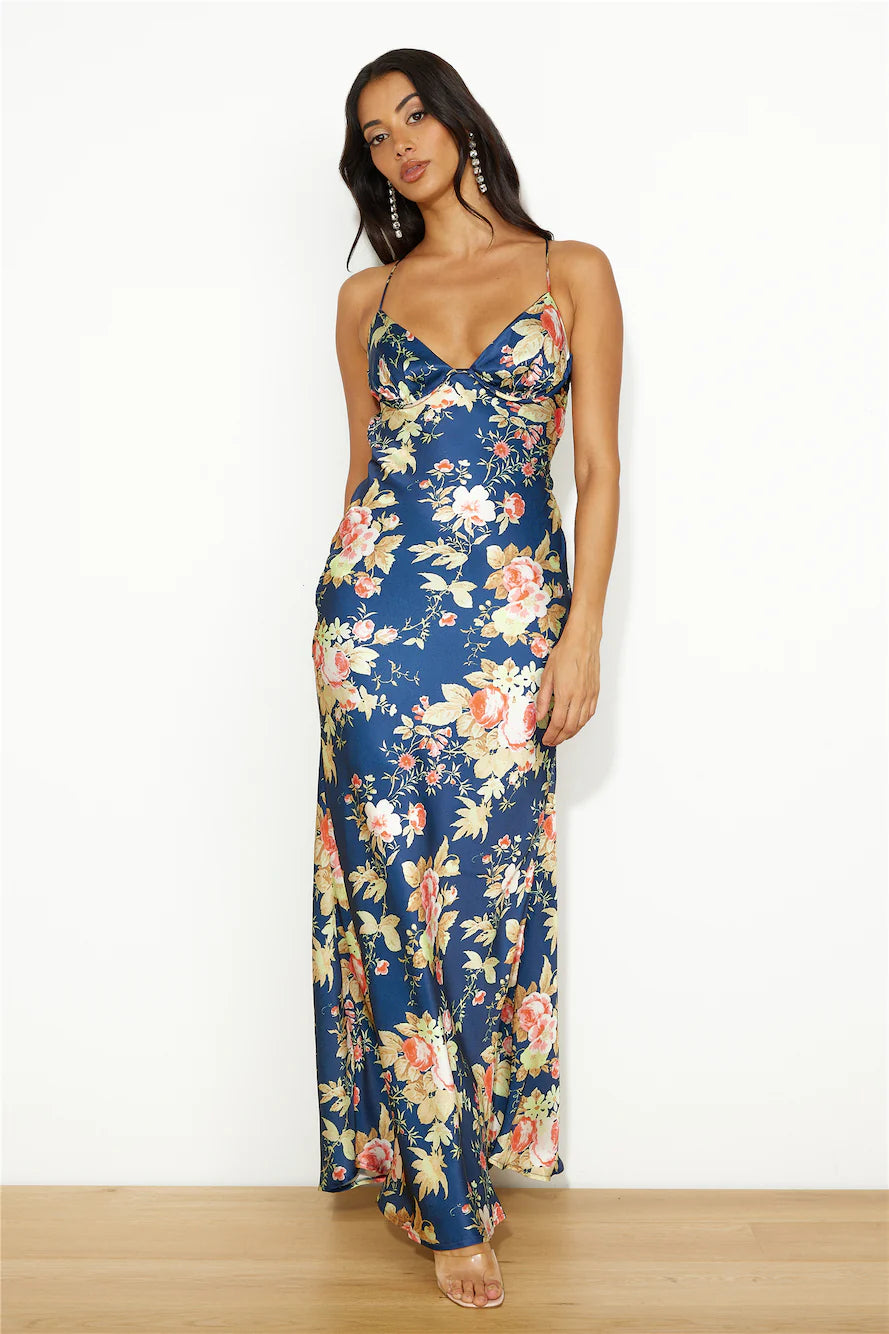 Navy Floral Satin Spaghetti Strap Mermaid Maxi Evening Dresses
