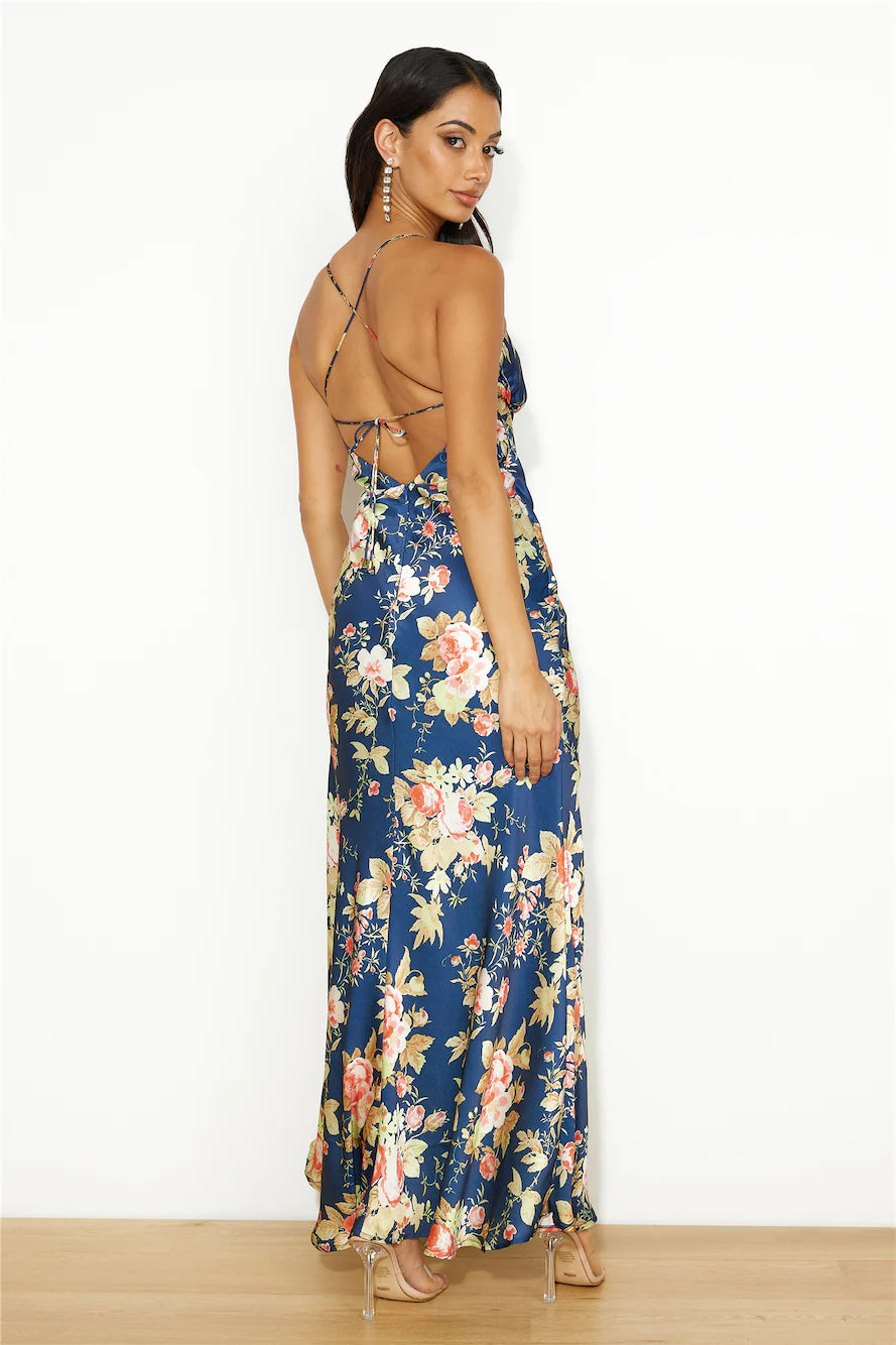 Navy Floral Satin Spaghetti Strap Mermaid Maxi Evening Dresses