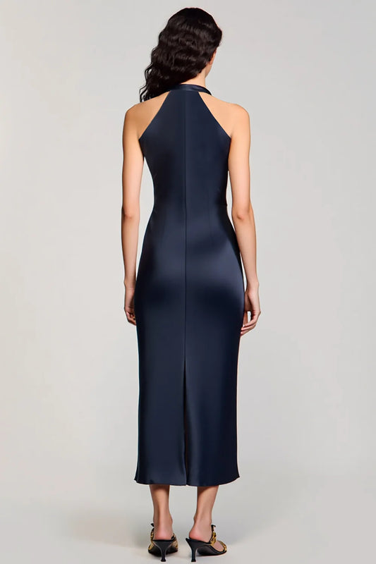 Navy Halter Bodycon Satin Tea-Length Wedding Guest Dress