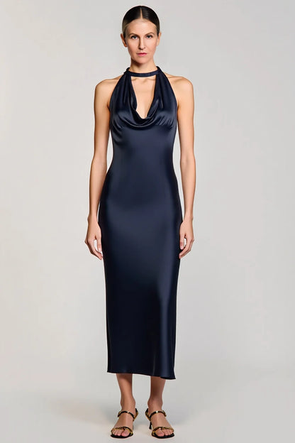 Navy Halter Bodycon Satin Tea-Length Wedding Guest Dress