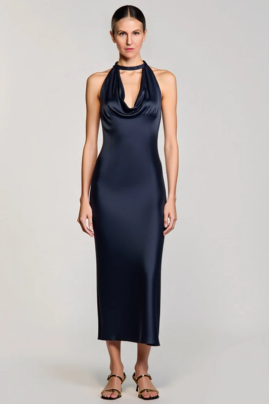 Navy Halter Bodycon Satin Tea-Length Wedding Guest Dress