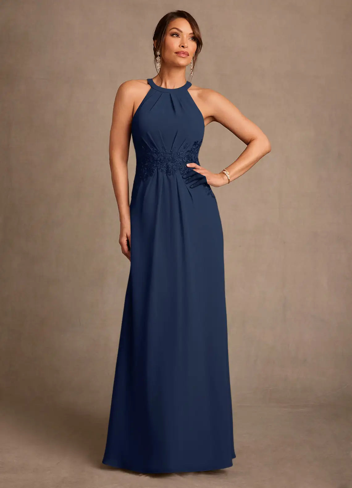 Navy Halter Neck Lace Waist Maxi Evening Dresses