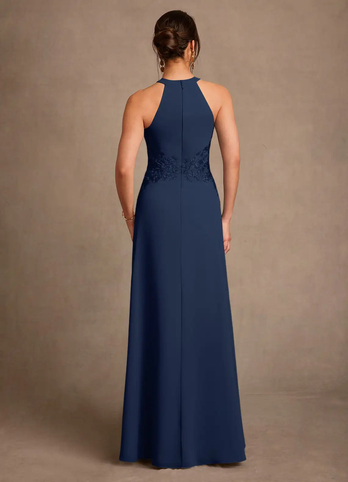 Navy Halter Neck Lace Waist Maxi Evening Dresses