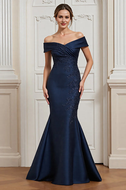 Navy Mermaid Off The Shoulder Mother Of The Bride Dress With Appliques