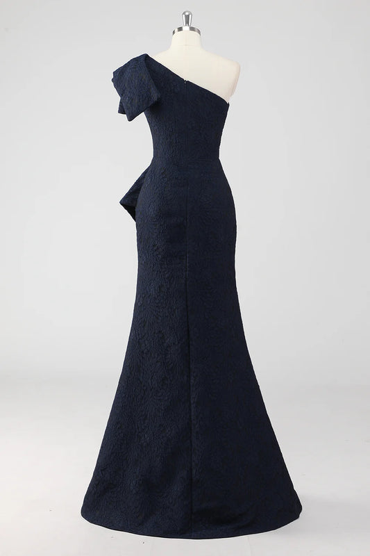 Navy Mermaid One Shoulder Ruffled Long Formal Dress with Slit