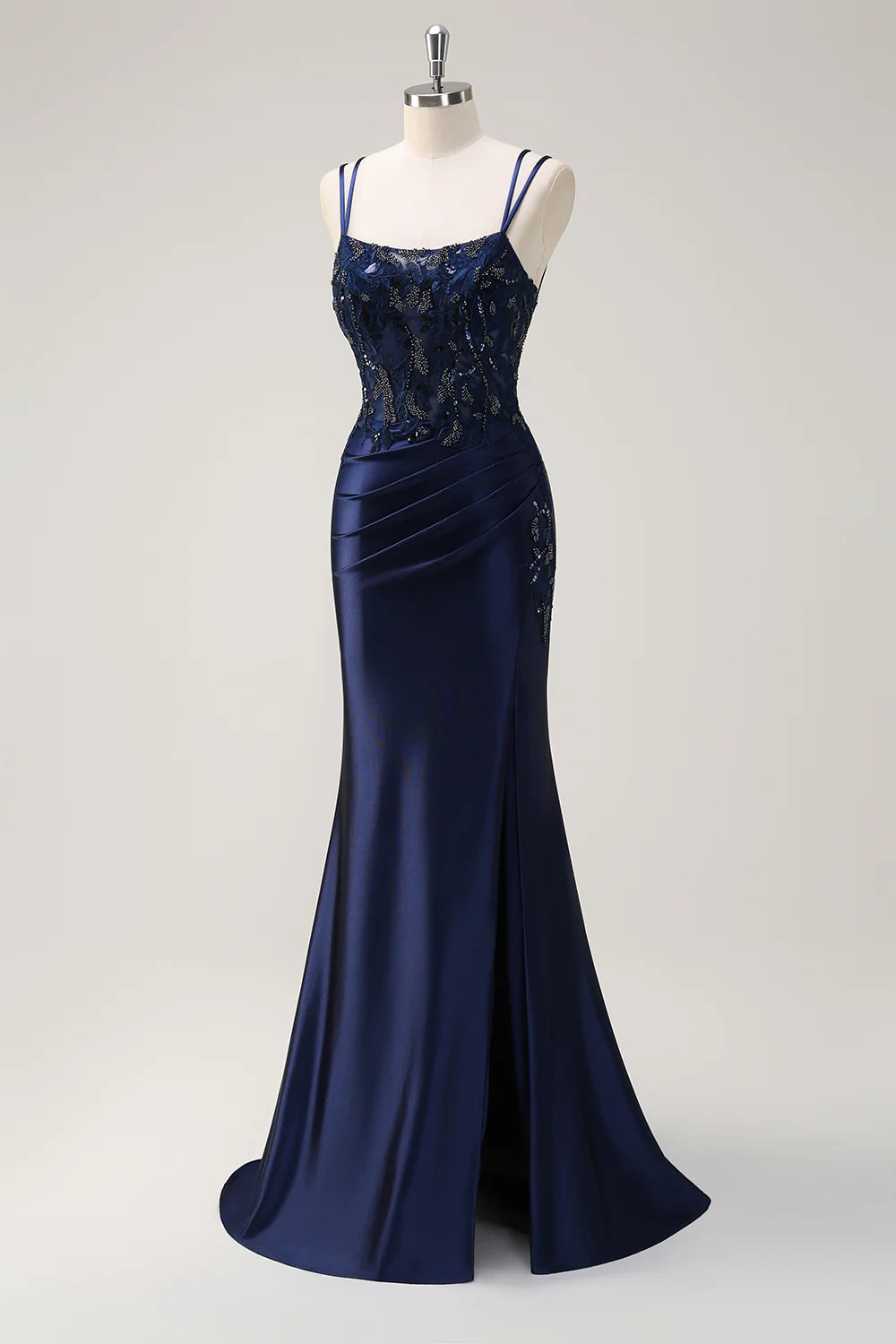 Navy Mermaid Pleated Corset Long Backless Sequin Prom Dress with Slit