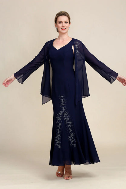 Navy Mermaid Two Piece Sparkly Beaded Mother of the Bride Dress