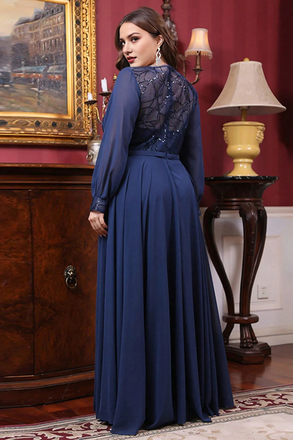 Navy Plus Size A Line Long Sleeves Mother Of The Bride Dress With Appliques