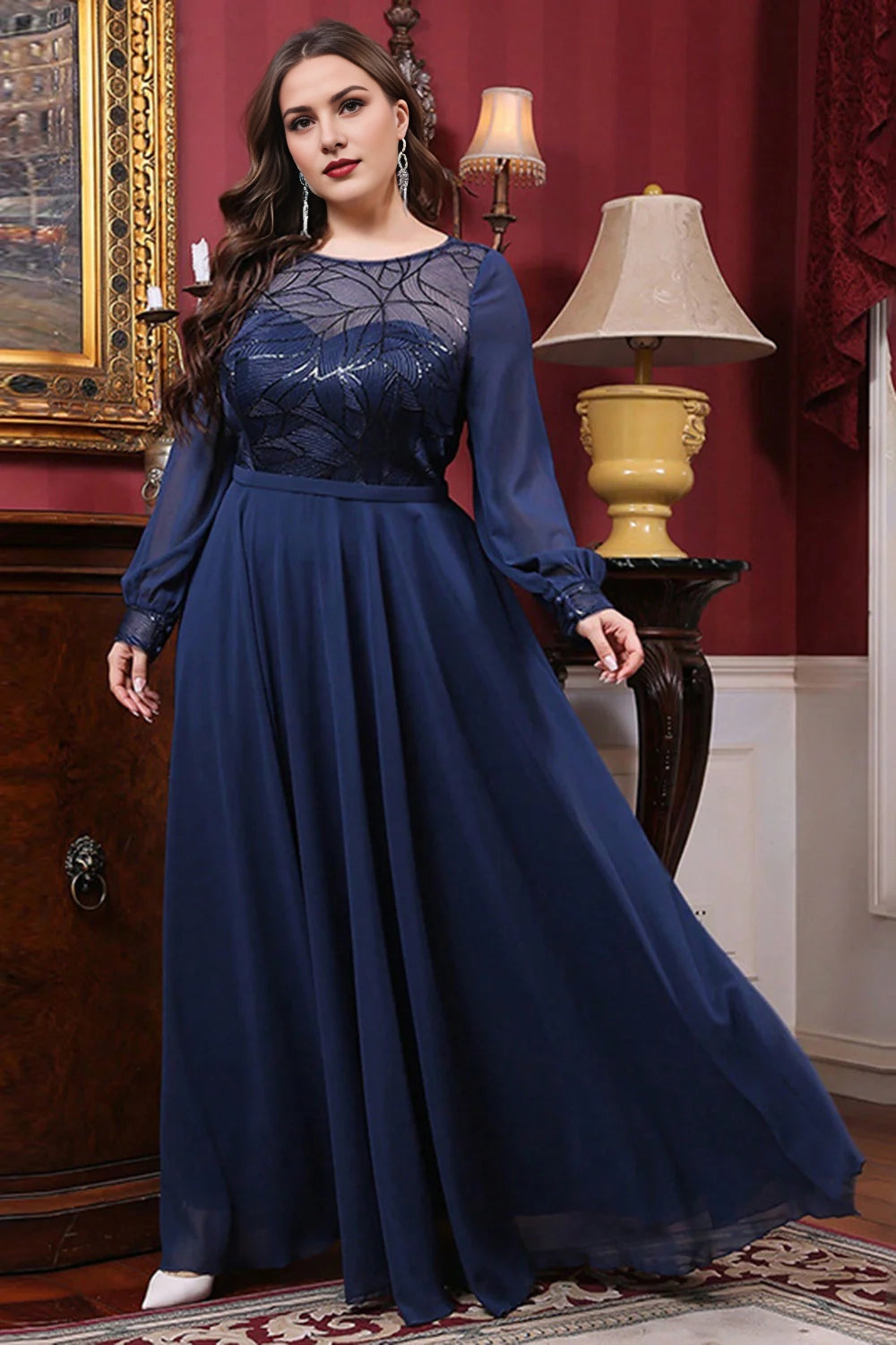 Navy Plus Size A Line Long Sleeves Mother Of The Bride Dress With Appliques
