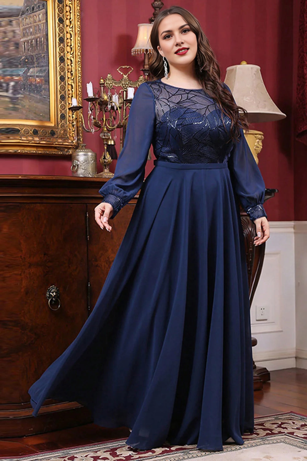 Navy Plus Size A Line Long Sleeves Mother Of The Bride Dress With Appliques