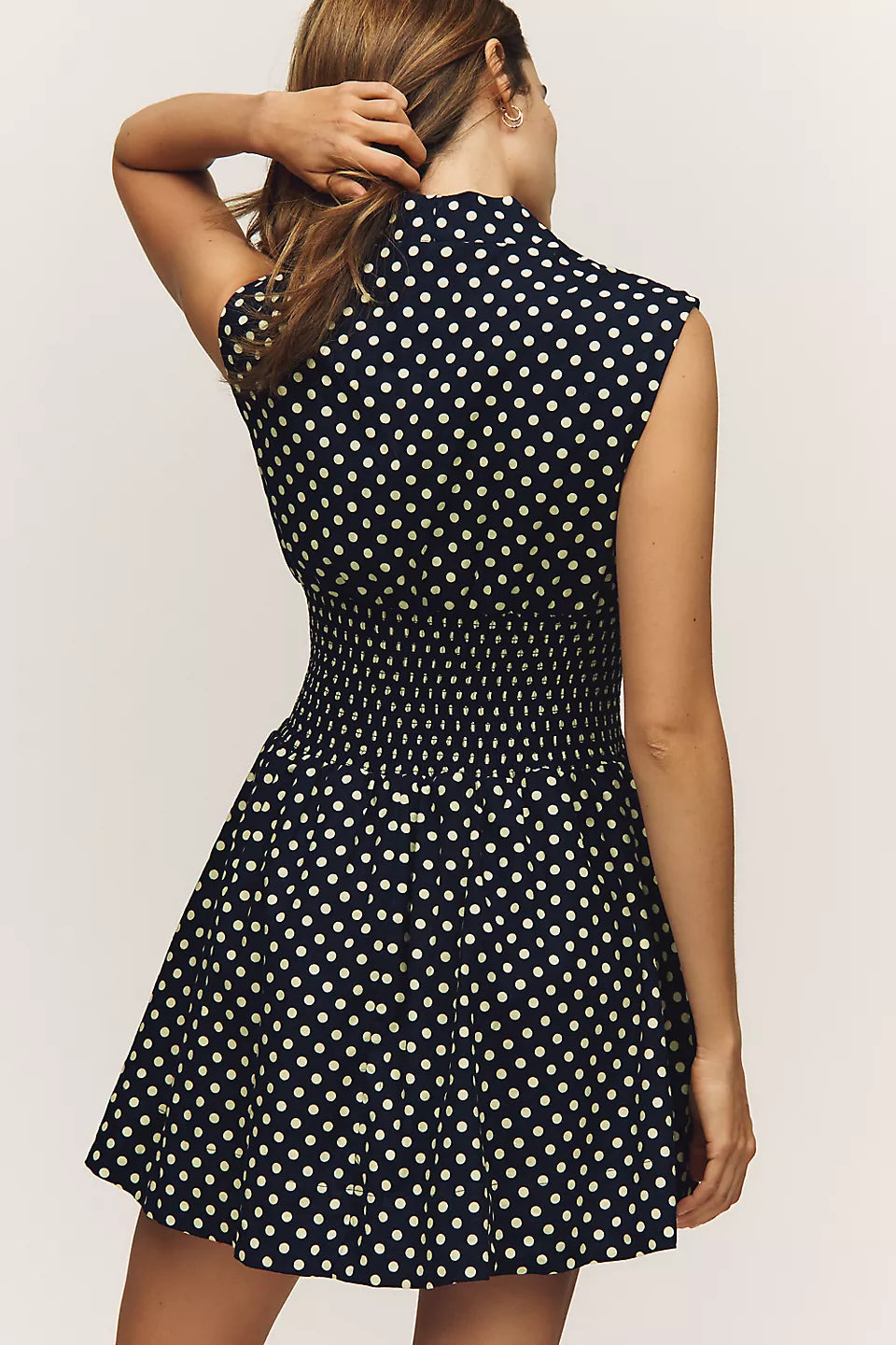 Navy Polka Dot Sleeveless Mini Evening Dresses with Zip Front & Smocked Waist
