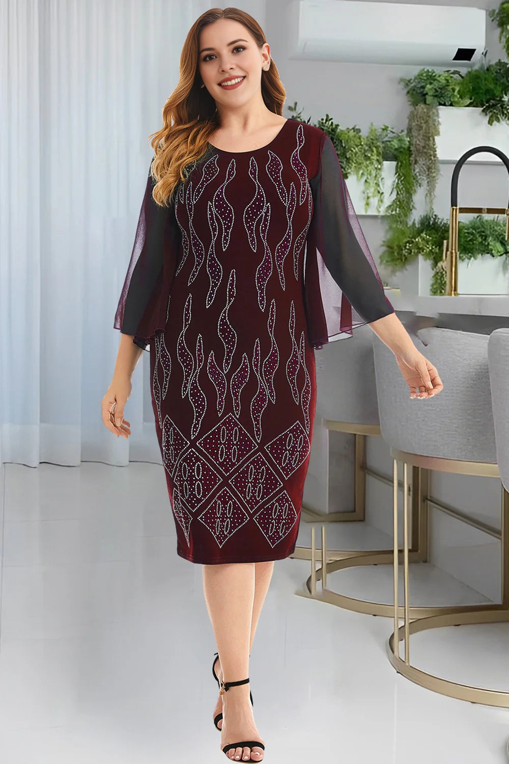Navy Round Neck Elegant Pencil Bodycon Plus Size Midi Dress