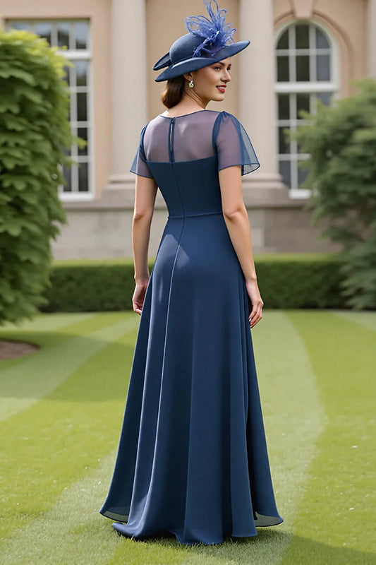 Navy Ruched A Line Long Mother Of The Bride Dress