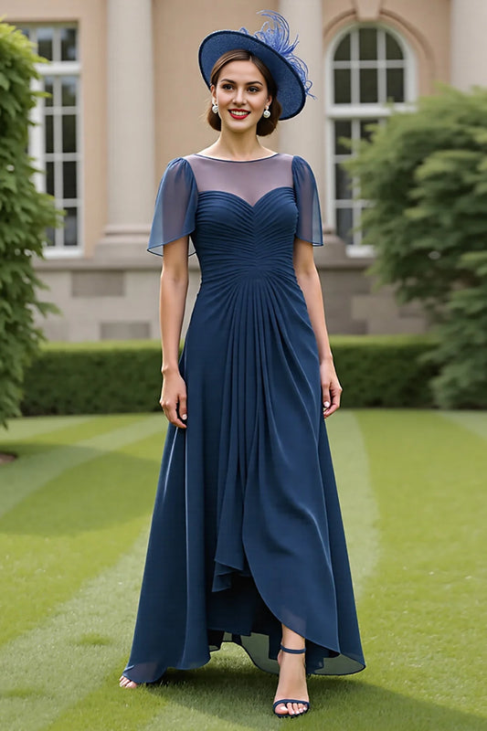 Navy Ruched A Line Long Mother Of The Bride Dress