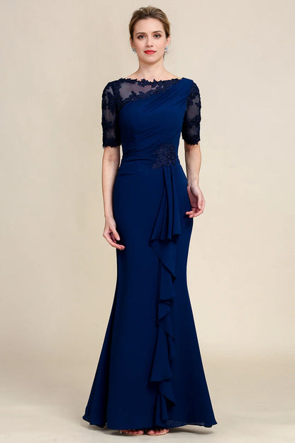 Navy Sheath Floor Length Mother of Bride Dress with Appliques