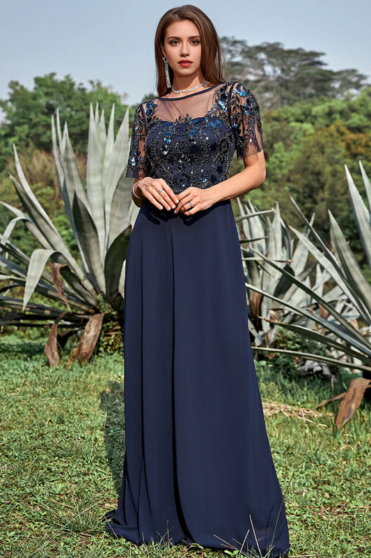 Navy Sheath Round Neck Appliques Sequin Floor Length Dress