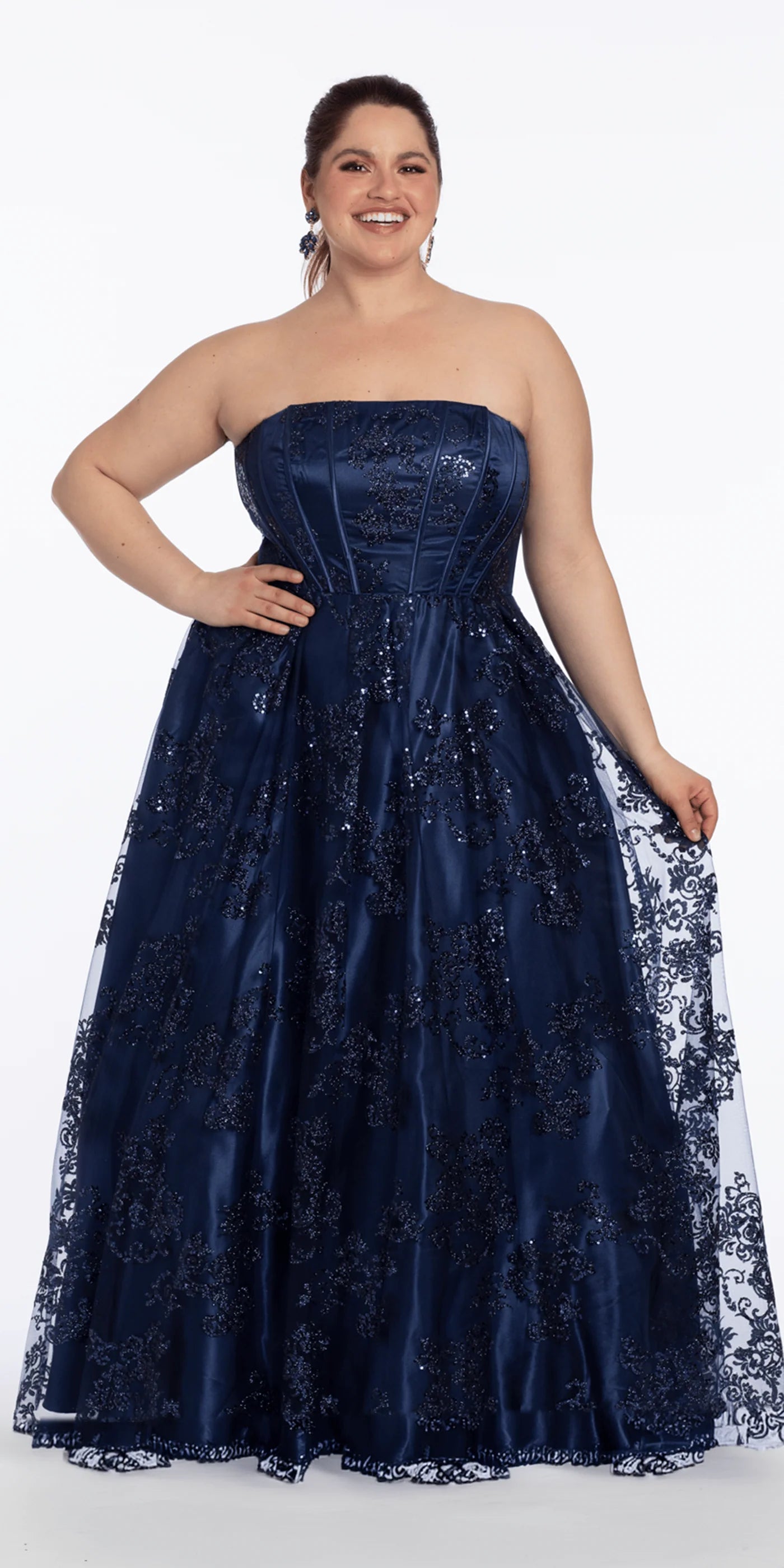 Navy Strapless Sequin Lace A-Line Plus Size Gown Homecoming & Prom Dresses