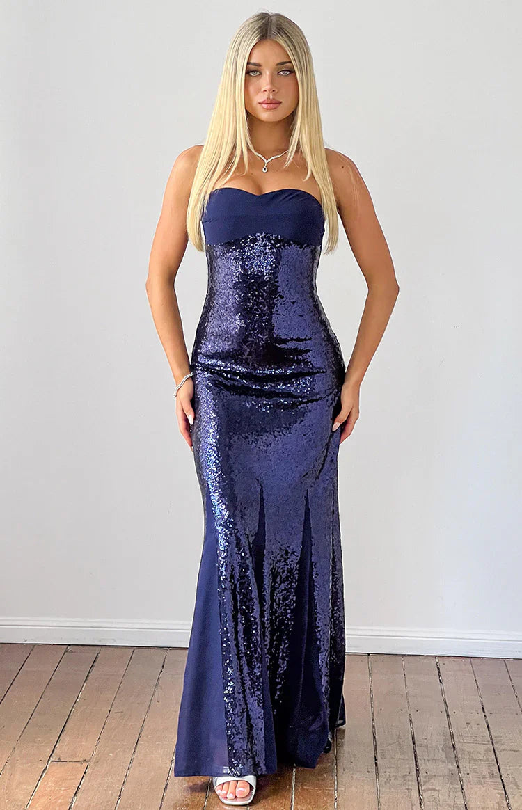 Navy Strapless Sweetheart Sequin Mermaid Evening Dresses