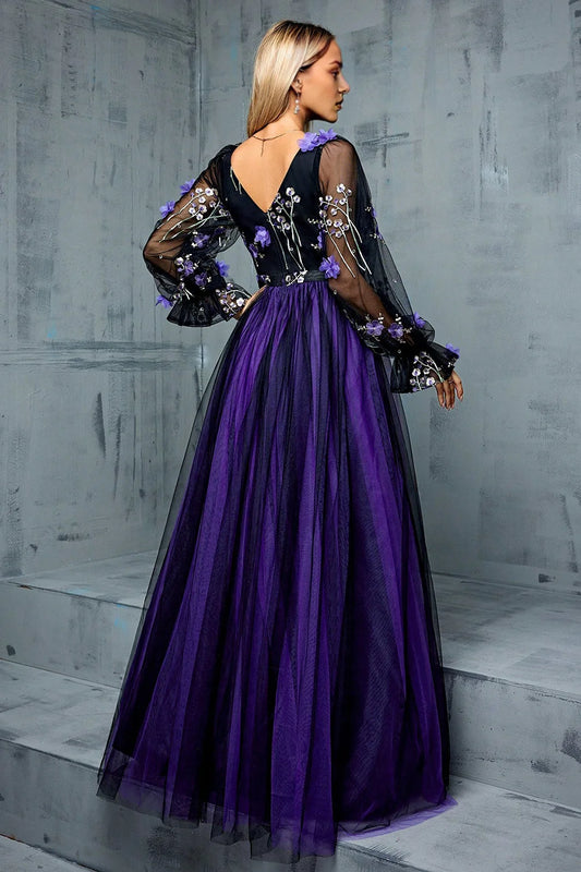 Navy Tulle A Line Long Sleeves Mother Of The Bride Dress With 3D Flowers