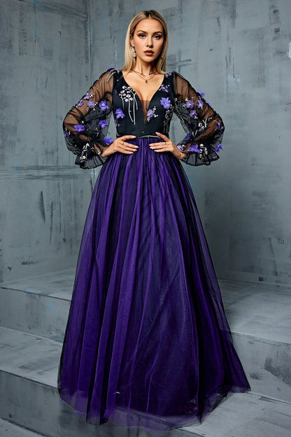 Navy Tulle A Line Long Sleeves Mother Of The Bride Dress With 3D Flowers