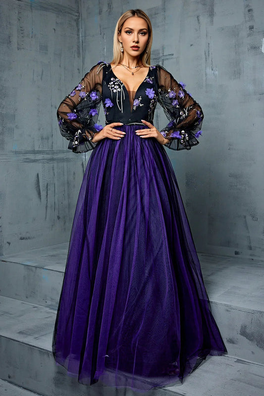 Navy Tulle A Line Long Sleeves Mother Of The Bride Dress With 3D Flowers