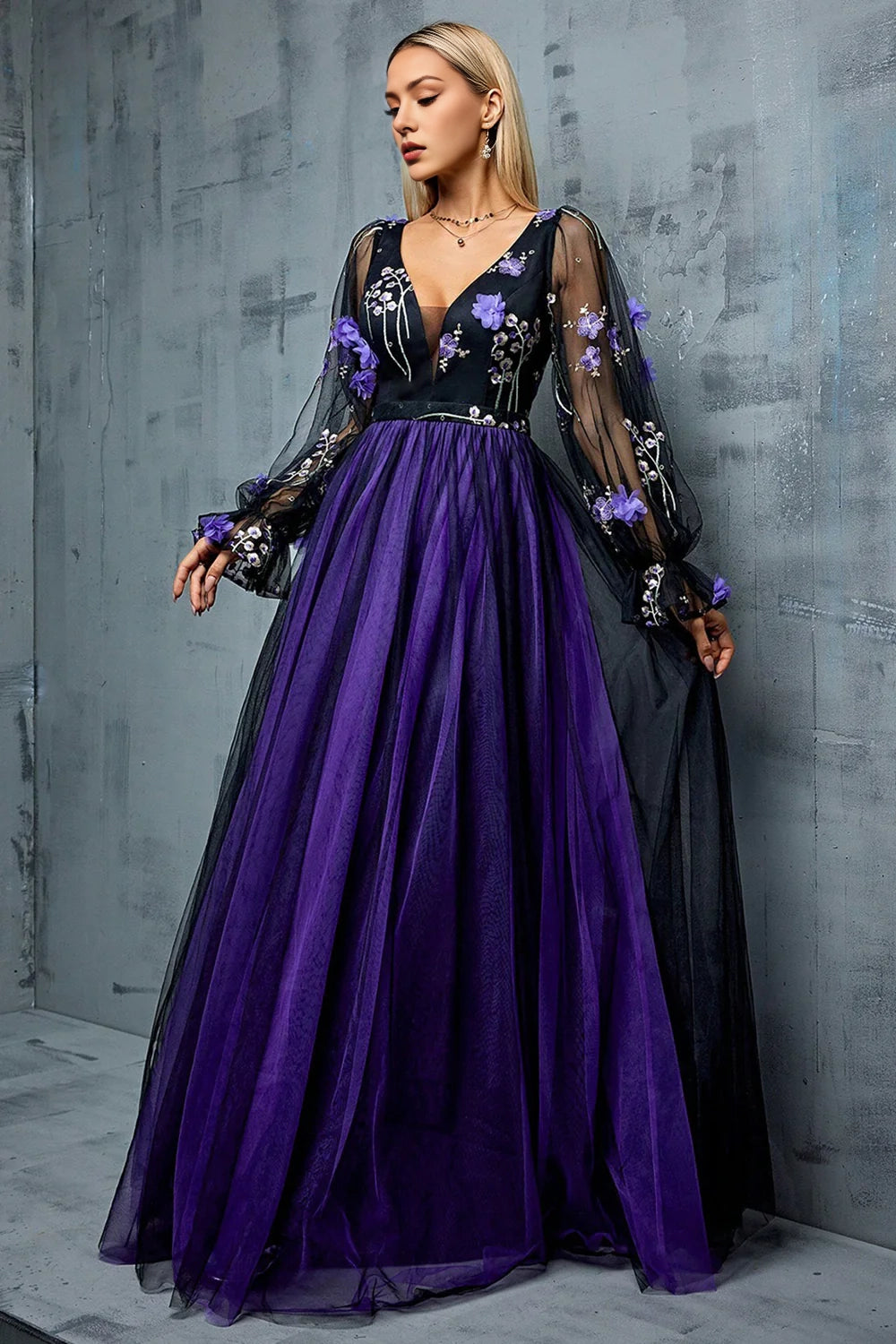 Navy Tulle A Line Long Sleeves Mother Of The Bride Dress With 3D Flowers