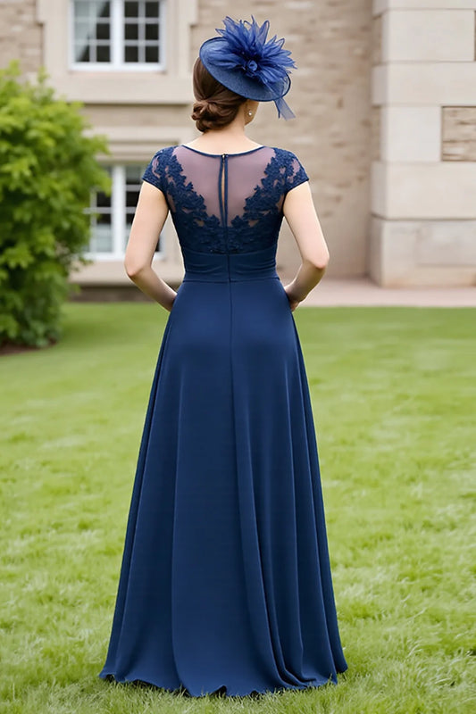 Navy blue lace waist cinched bride's mother dress