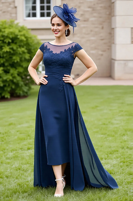 Navy blue lace waist cinched bride's mother dress
