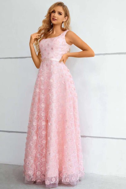 Pink 3D Floral Lace Square Neck A-Line Prom Dress