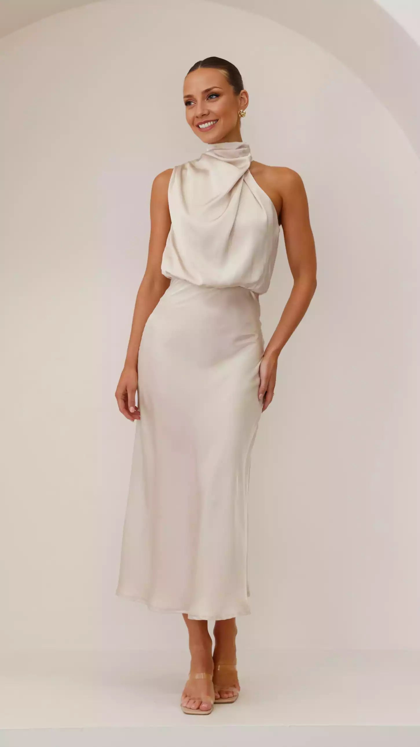 Noble and elegant high neckline with hanging pleats, asymmetrical shoulders, invisible zipper and button closure Prom Dresses