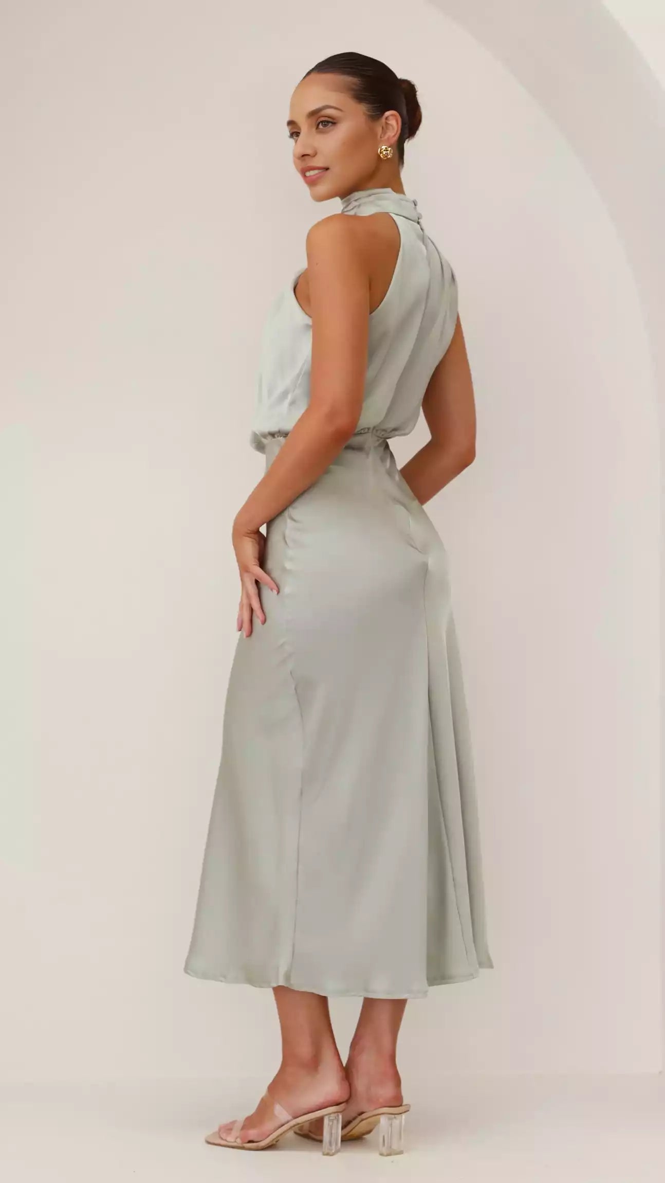 Noble and elegant high neckline with hanging pleats, asymmetrical shoulders, invisible zipper and button closure Prom Dresses