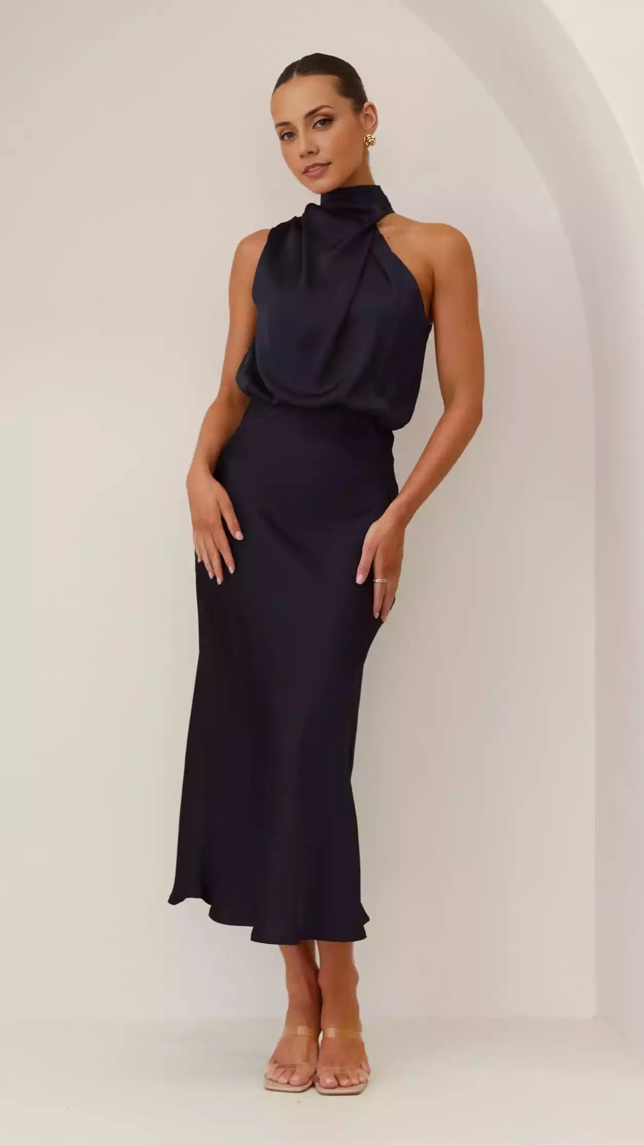 Noble and elegant high neckline with pleats and asymmetrical shoulders, hidden zipper Prom Dresses