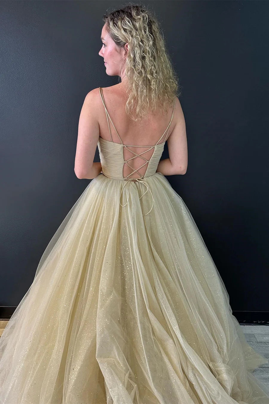 Nude Surplice Lace-Up Long Formal Gown