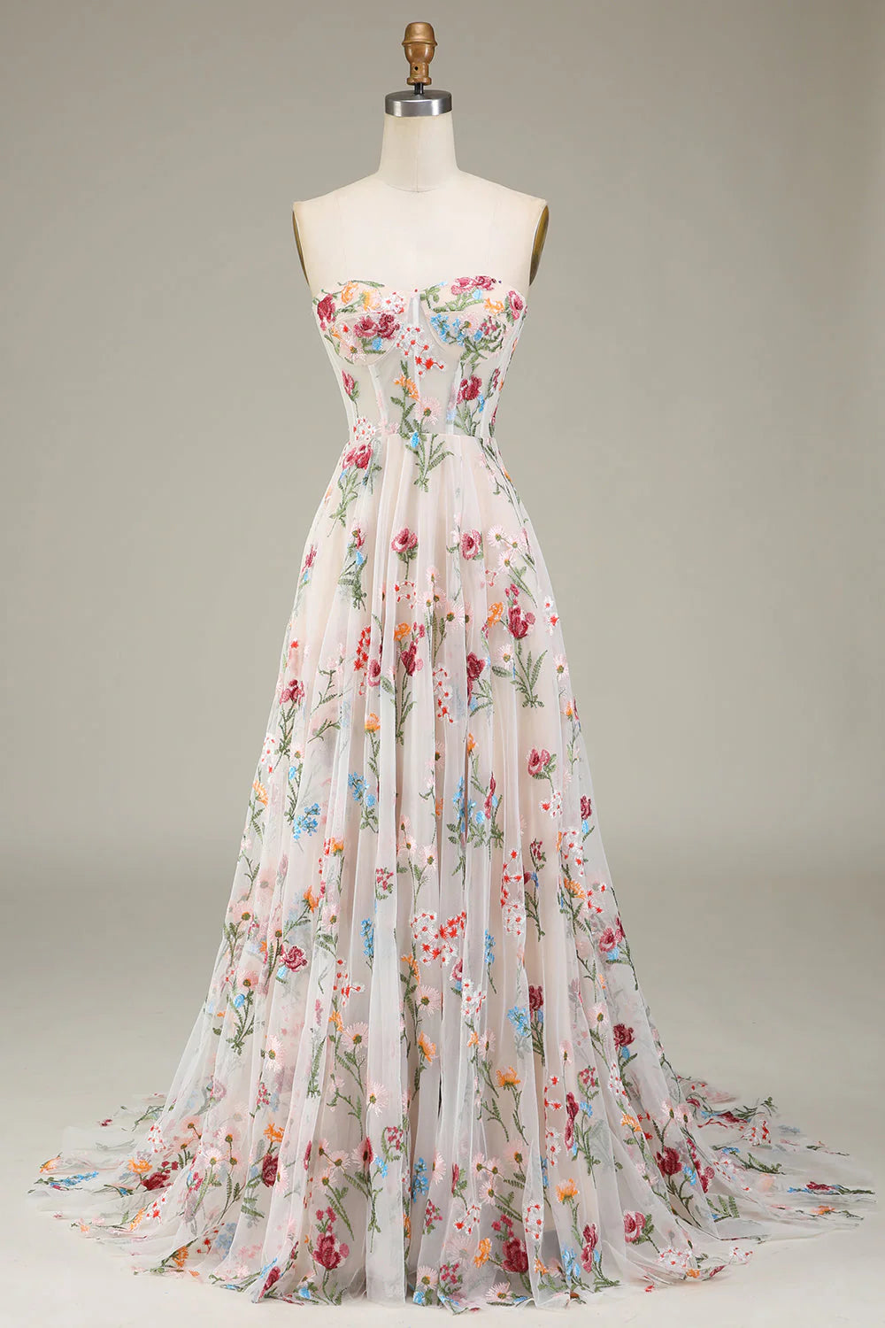 Nude Tulle Floral Embroidery Strapless Lace-Up Back A-Line Evening Dresses
